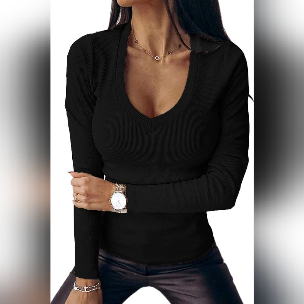 Womens Fall Long Sleeve Shirt Deep V Neck Ribbed Top Casual Slim Fit Size Medium